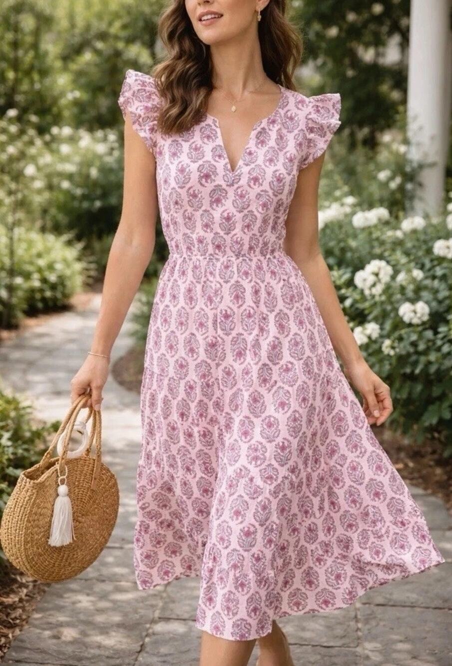 J. Crew Printed Ruffle Sleeve Cotton Midi Dress with Pockets Pink 6